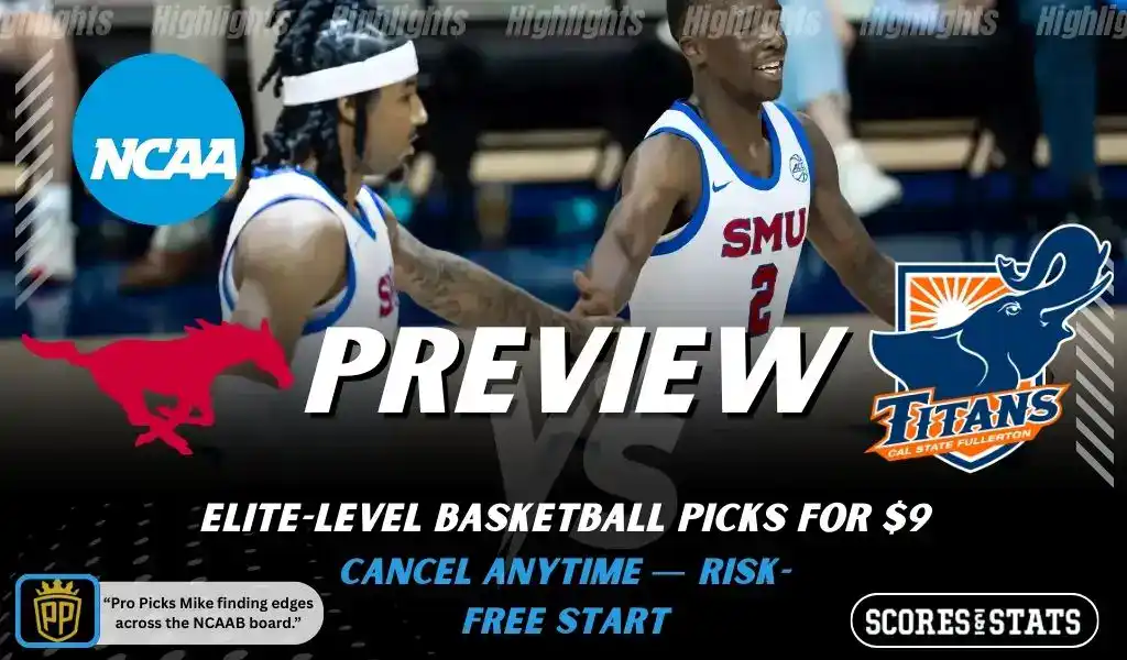 Previews 9 College basketball preview graphic featuring SMU Mustangs and Cal State Fullerton Titans logos with SMU players on the court and the word preview across the center