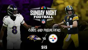Two football players in team jerseys, promoting a Sunday Night Football matchup: Ravens vs. Steelers, with odds and predictions.