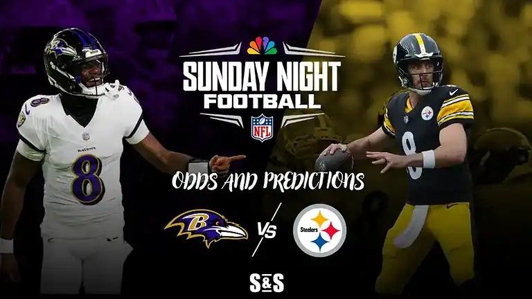 Two football players in team jerseys, promoting a Sunday Night Football matchup: Ravens vs. Steelers, with odds and predictions.