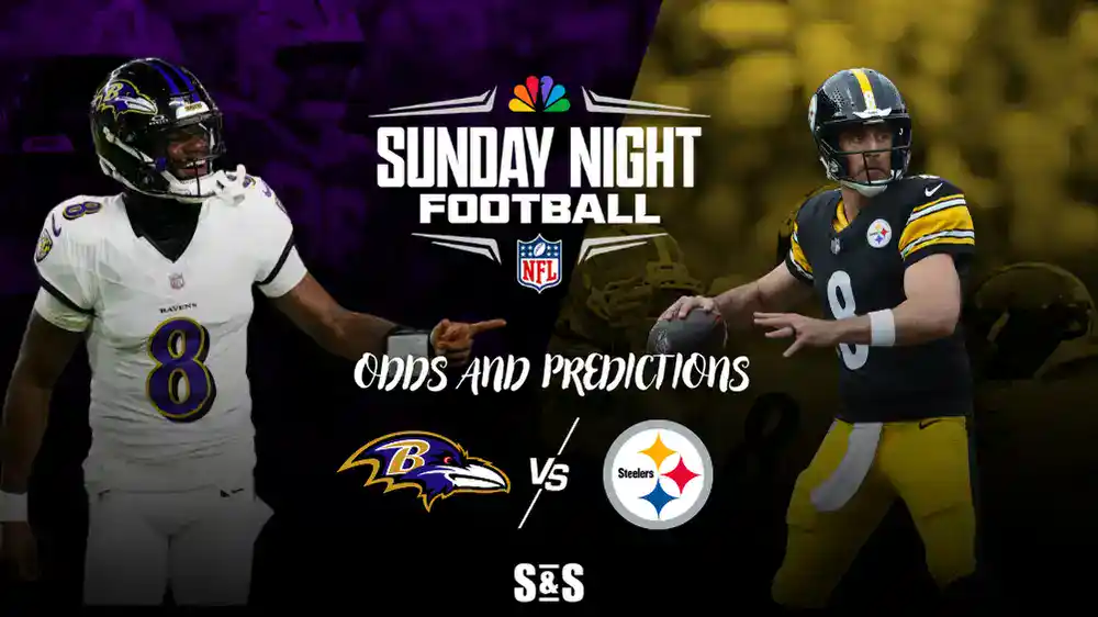 Two football players in team jerseys, promoting a Sunday Night Football matchup: Ravens vs. Steelers, with odds and predictions.