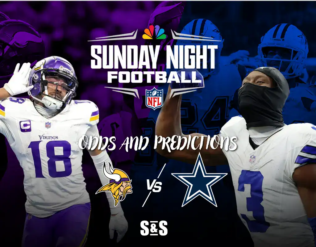 Blog 9 Graphic promoting Sunday Night Football featuring the Minnesota Vikings vs. Dallas Cowboys, with player stats and predictions displayed.