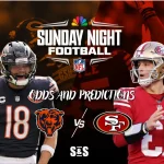 Home 22 Two NFL players, one in a Bears jersey and the other in a 49ers jersey, featured in a graphic for Sunday Night Football predictions.