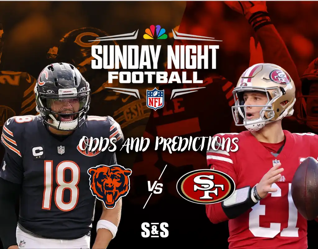 Two NFL players, one in a Bears jersey and the other in a 49ers jersey, featured in a graphic for Sunday Night Football predictions.