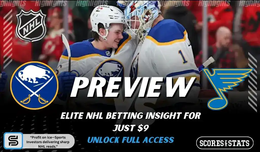 NHL preview graphic featuring Buffalo Sabres and St Louis Blues logos with Blues players celebrating on the ice and the word preview across the center