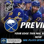 NHL preview graphic featuring Buffalo Sabres and Boston Bruins logos with Sabres players celebrating and the word preview across the center