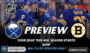 NHL preview graphic featuring Buffalo Sabres and Boston Bruins logos with Sabres players celebrating and the word preview across the center