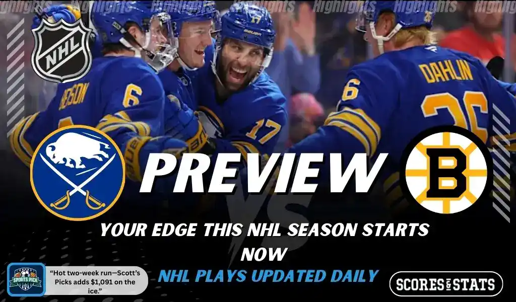 NHL preview graphic featuring Buffalo Sabres and Boston Bruins logos with Sabres players celebrating and the word preview across the center
