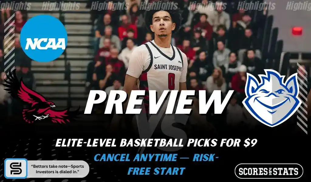 College basketball preview graphic featuring Saint Josephs Hawks and Saint Louis Billikens logos with a Saint Josephs player on the court and the word preview across the center