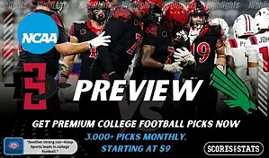 San Diego State Aztecs vs North Texas Mean Green college football preview graphic showing San Diego State players celebrating with Aztecs and North Texas logos and Scores and Stats branding