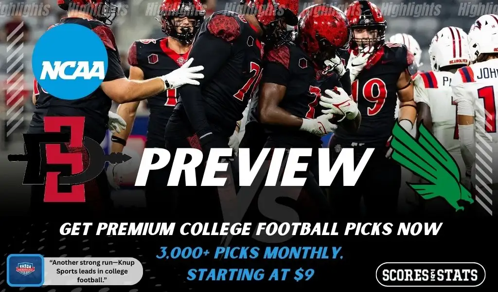 San Diego State Aztecs vs North Texas Mean Green college football preview graphic showing San Diego State players celebrating with Aztecs and North Texas logos and Scores and Stats branding