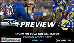 Seattle Seahawks vs Los Angeles Rams NFL game preview image showing Seahawks coach greeting Rams player on the field with team logos visible