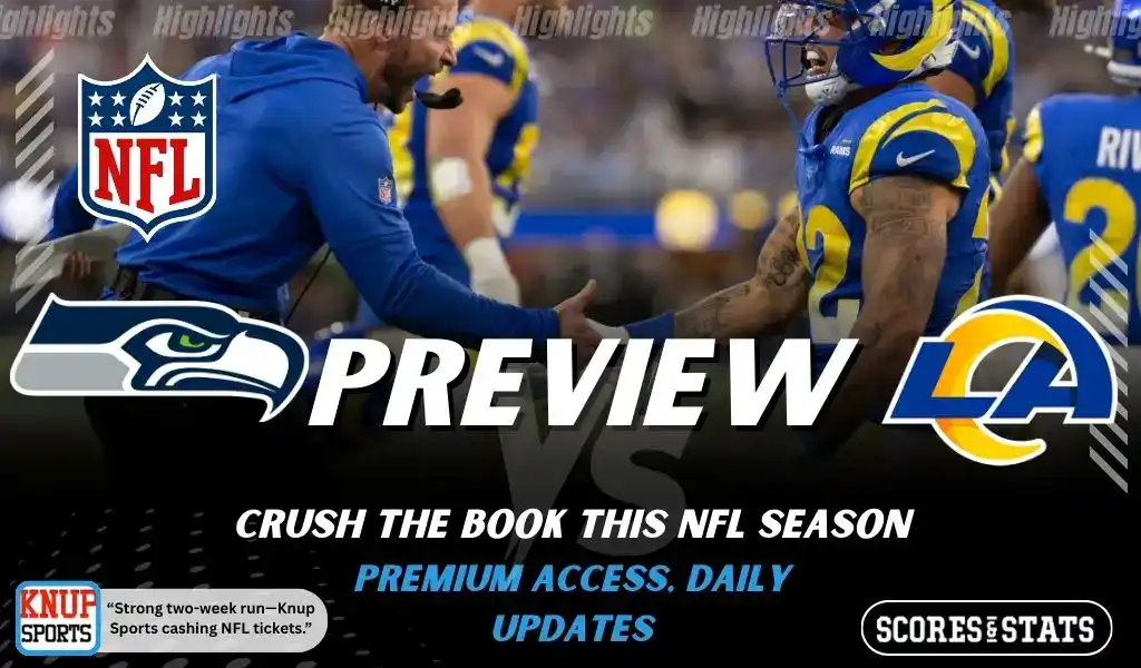 3 Seattle Seahawks vs Los Angeles Rams NFL game preview image showing Seahawks coach greeting Rams player on the field with team logos visible