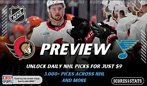 Ottawa Senators and St Louis Blues featured in NHL preview graphic ahead of their upcoming matchup.