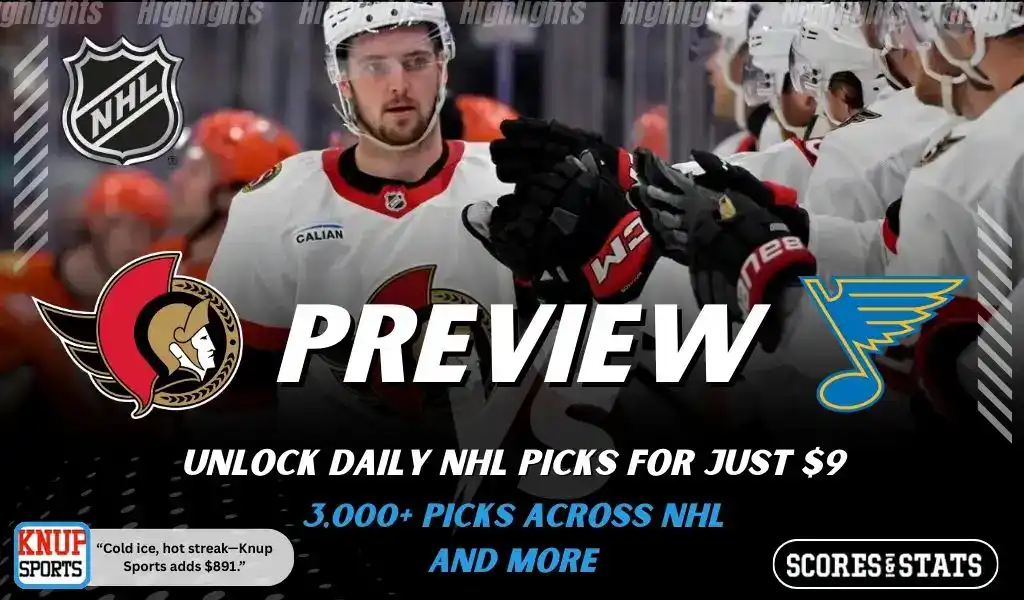 Ottawa Senators and St Louis Blues featured in NHL preview graphic ahead of their upcoming matchup.