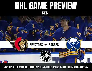 NHL Game Preview featuring a matchup between the Senators and Sabres, with players celebrating in team jerseys.