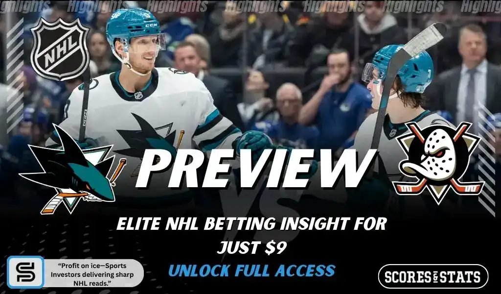Previews 7 NHL preview graphic featuring San Jose Sharks and Anaheim Ducks logos with Sharks players on the ice and the word preview across the center