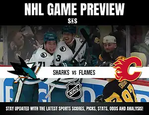NHL game preview featuring Sharks vs Flames, with team logos and details encouraging fans to stay updated on scores and analysis.