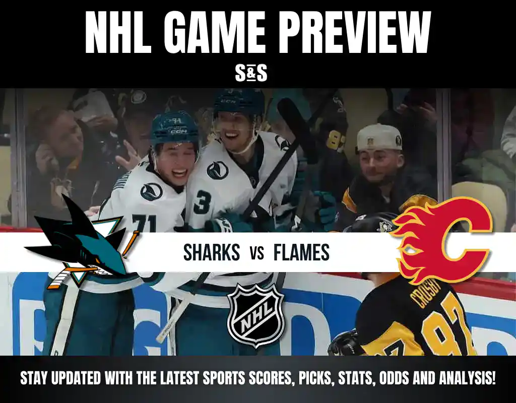Previews 7 NHL game preview featuring Sharks vs Flames, with team logos and details encouraging fans to stay updated on scores and analysis.