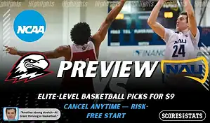 Southern Utah Thunderbirds vs Northern Arizona Lumberjacks NCAA basketball game preview image showing players contesting a shot with team logos displayed