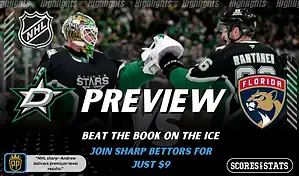 Dallas Stars and Florida Panthers face off during an NHL game with players celebrating on the ice.