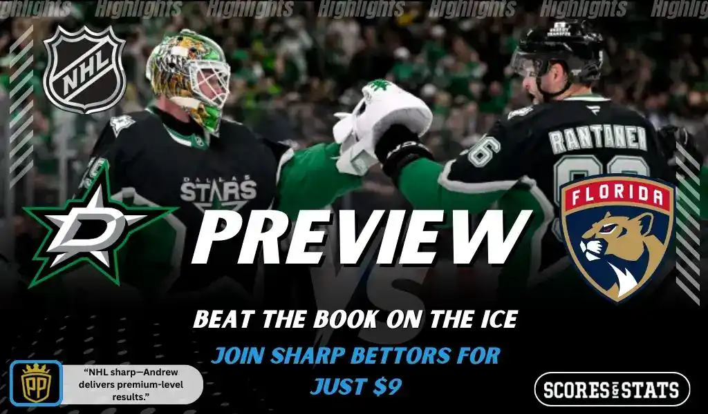 Dallas Stars and Florida Panthers face off during an NHL game with players celebrating on the ice.