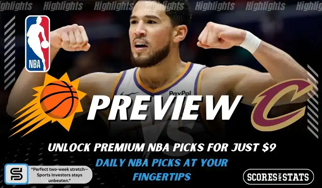 NBA preview graphic featuring Phoenix Suns and Cleveland Cavaliers logos with a Suns player flexing and the word preview across the center