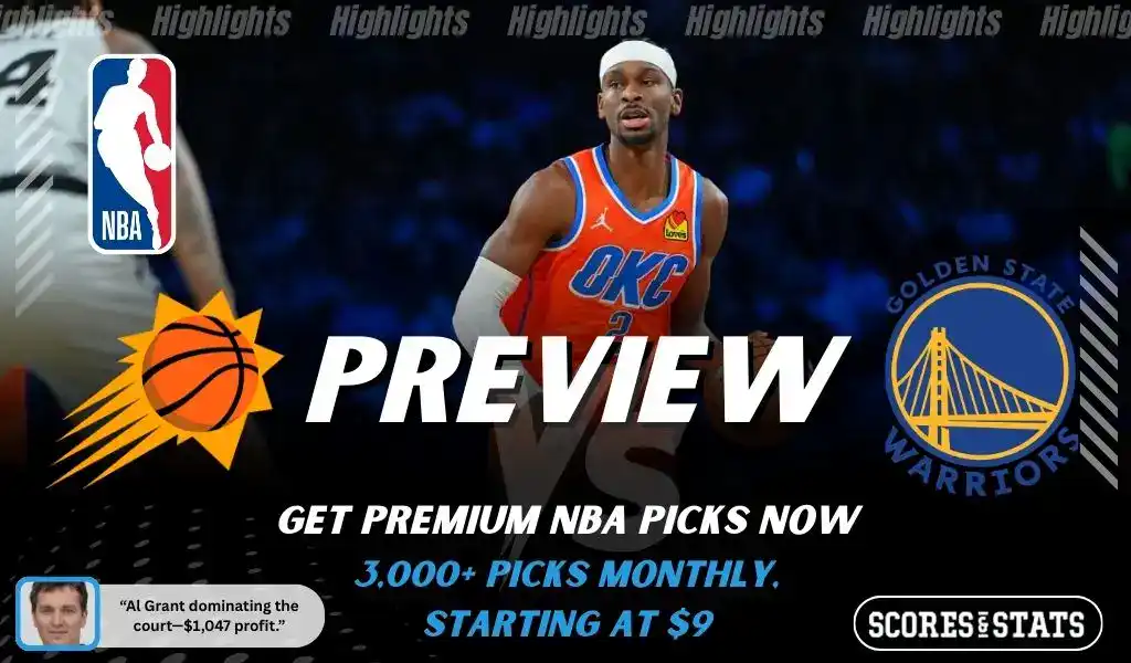 Phoenix Suns vs Golden State Warriors NBA game preview image featuring Oklahoma City Thunder player in action with team logos displayed