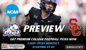 College football preview graphic featuring TCU Horned Frogs and USC Trojans logos with a TCU player running with the ball and the word preview across the center