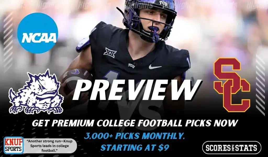 College football preview graphic featuring TCU Horned Frogs and USC Trojans logos with a TCU player running with the ball and the word preview across the center