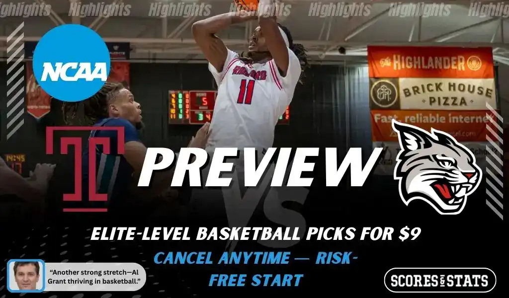 Temple Owls vs Davidson Wildcats NCAA basketball game preview image showing Temple player shooting the ball with defenders contesting and team logos displayed