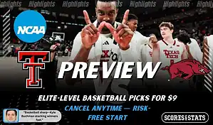Texas Tech Red Raiders face Arkansas Razorbacks in NCAA basketball game preview graphic, December 13 2025