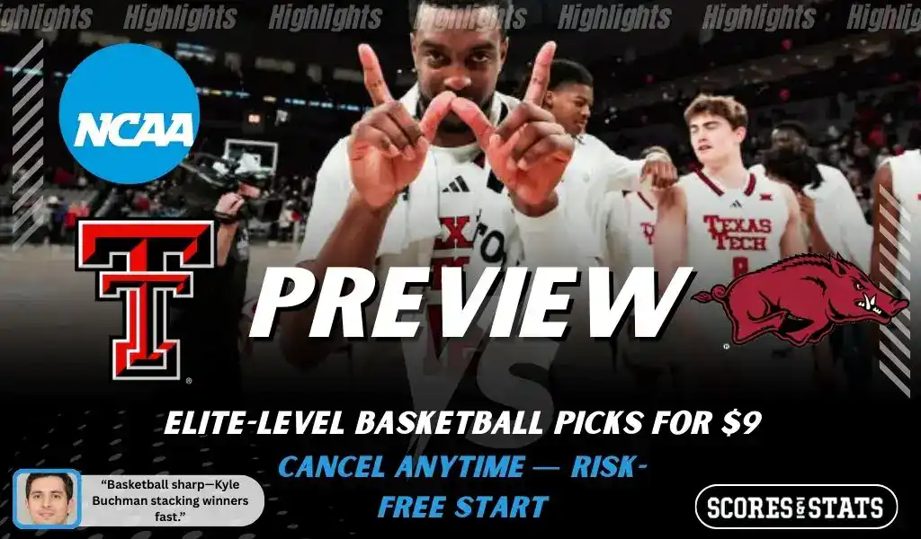 Texas Tech Red Raiders face Arkansas Razorbacks in NCAA basketball game preview graphic, December 13 2025