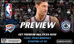Oklahoma City Thunder vs Los Angeles Clippers NBA game preview image featuring Thunder player on the court with team logos displayed