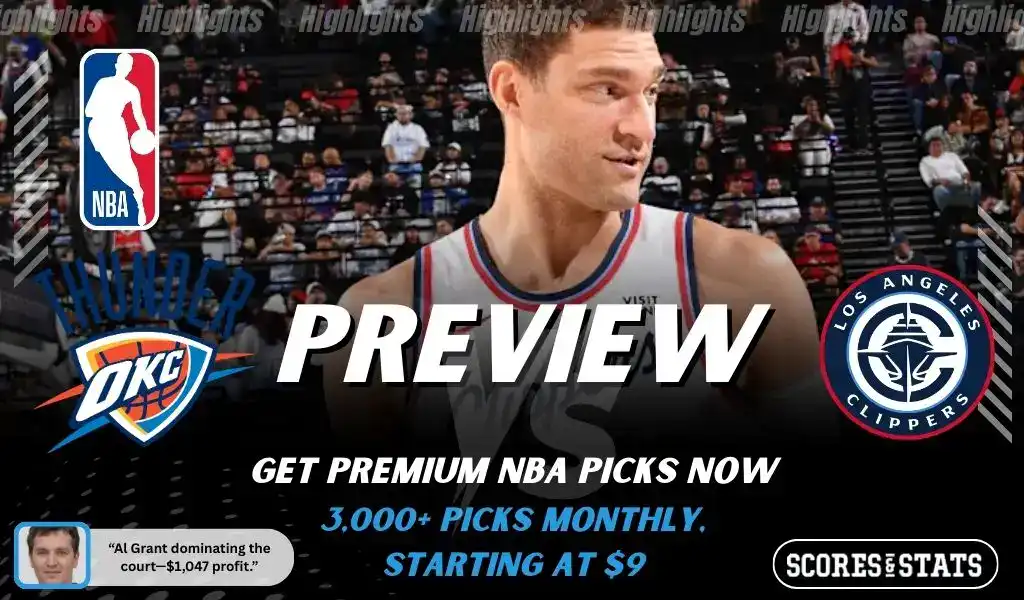 Previews 7 Oklahoma City Thunder vs Los Angeles Clippers NBA game preview image featuring Thunder player on the court with team logos displayed