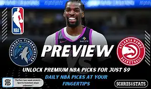 NBA preview graphic featuring Minnesota Timberwolves and Atlanta Hawks logos with a Timberwolves player smiling and the word preview across the center