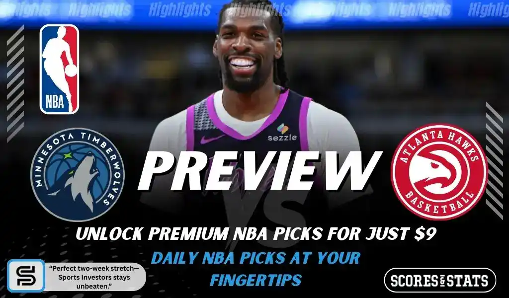 NBA preview graphic featuring Minnesota Timberwolves and Atlanta Hawks logos with a Timberwolves player smiling and the word preview across the center
