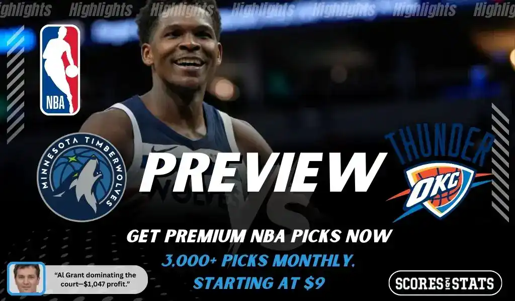 Minnesota Timberwolves vs Oklahoma City Thunder NBA preview graphic featuring a smiling player with Timberwolves and Thunder logos and Scores and Stats branding