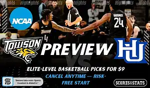 College basketball preview graphic featuring Towson Tigers and Hampton Pirates logos with players on the court and the word preview across the center