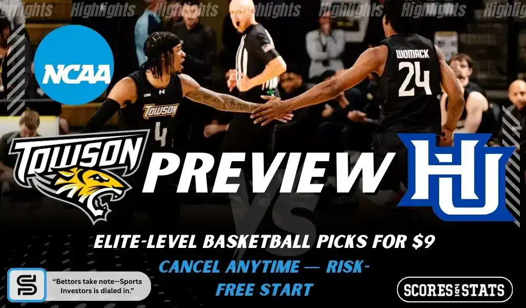 College basketball preview graphic featuring Towson Tigers and Hampton Pirates logos with players on the court and the word preview across the center