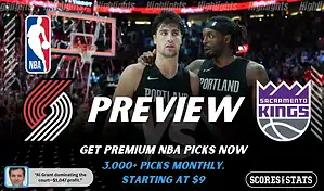 Portland Trail Blazers vs Sacramento Kings NBA game preview image showing Trail Blazers players on the court with team logos displayed