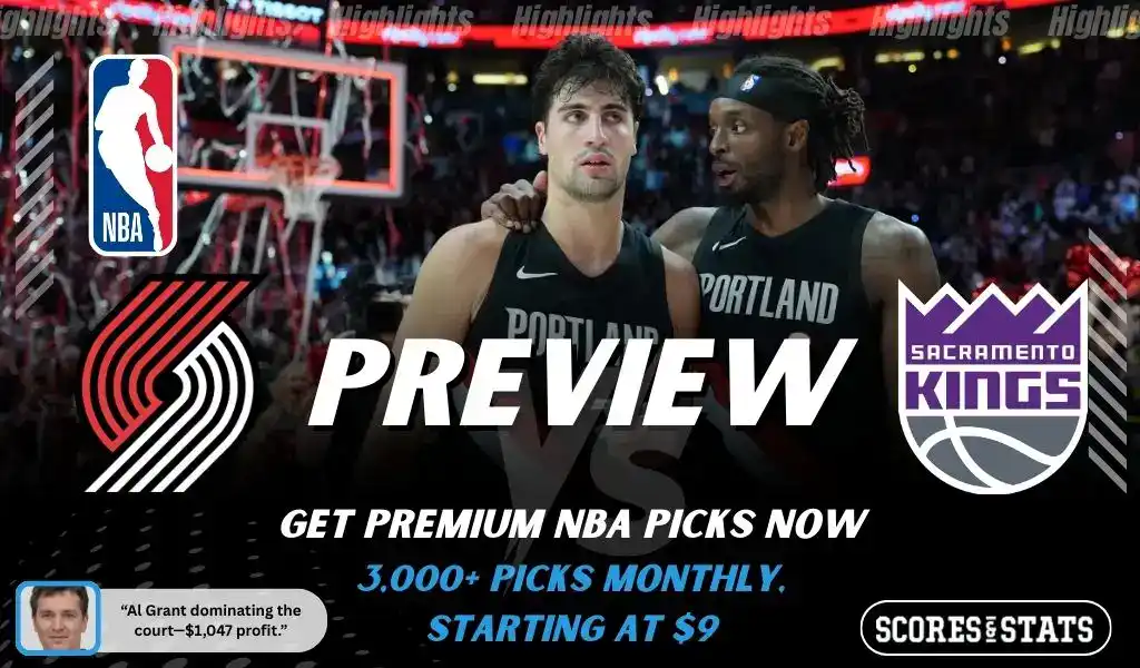Portland Trail Blazers vs Sacramento Kings NBA game preview image showing Trail Blazers players on the court with team logos displayed