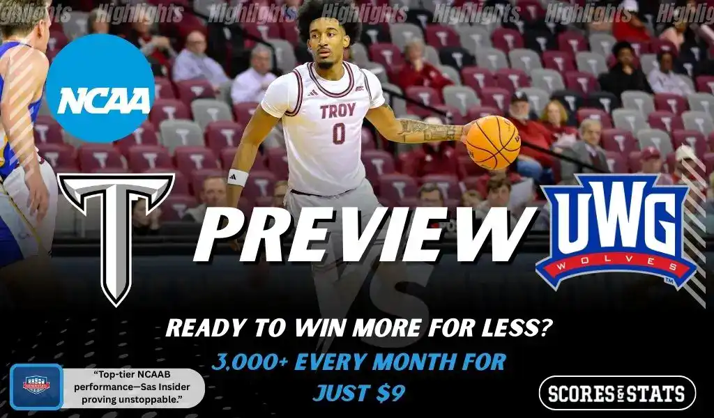 Troy Trojans vs West Georgia Wolves preview graphic featuring NCAA basketball matchup promotion for December 1 2025.