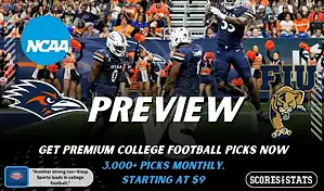 UTSA Roadrunners vs Florida International Panthers college football preview graphic showing UTSA players celebrating with UTSA and FIU logos and Scores and Stats branding
