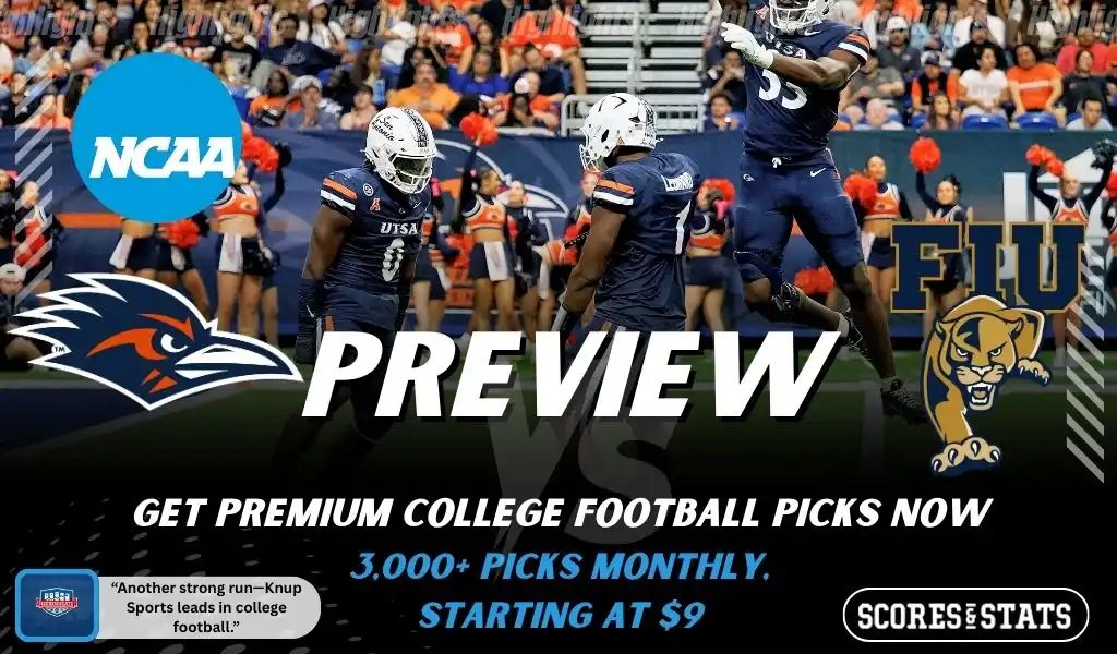 Previews 7 UTSA Roadrunners vs Florida International Panthers college football preview graphic showing UTSA players celebrating with UTSA and FIU logos and Scores and Stats branding