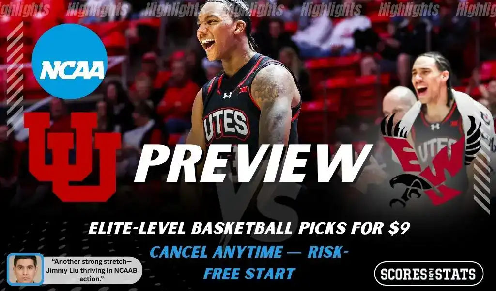 Utah Utes vs Eastern Washington Eagles NCAA basketball preview graphic featuring a Utah player celebrating with Utah and Eastern Washington logos and Scores and Stats branding