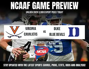 NCAAF game preview graphic featuring Virginia Cavaliers vs Duke Blue Devils with logos and promotional text for expert picks and analysis.