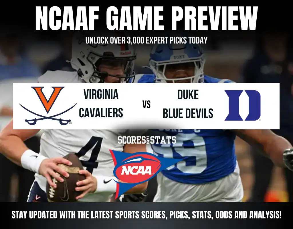 NCAAF game preview graphic featuring Virginia Cavaliers vs Duke Blue Devils with logos and promotional text for expert picks and analysis.