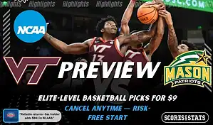 Virginia Tech Hokies and George Mason Patriots featured in NCAA basketball preview graphic ahead of their upcoming matchup.
