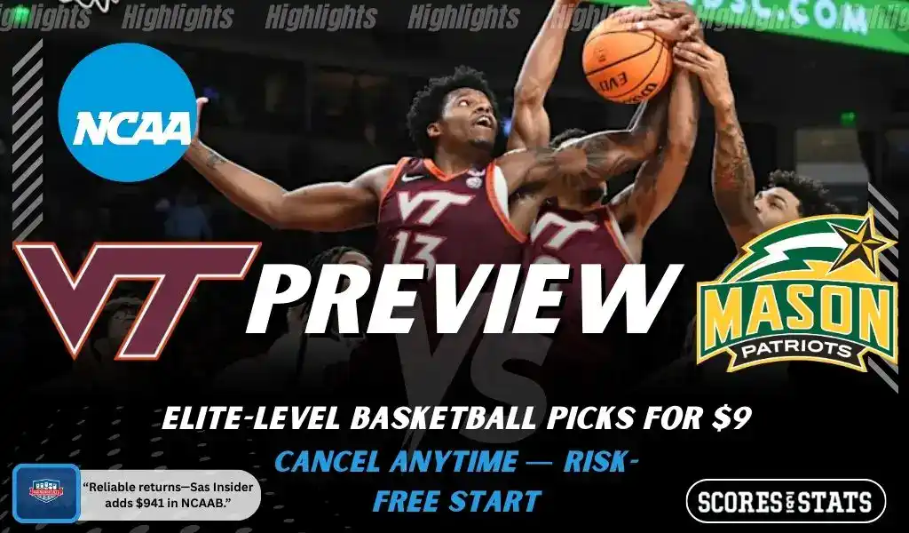 Virginia Tech Hokies and George Mason Patriots featured in NCAA basketball preview graphic ahead of their upcoming matchup.