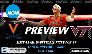 College basketball preview graphic featuring Virginia Cavaliers and Virginia Tech Hokies logos with a Virginia player celebrating and the word preview across the center